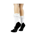Close-up view of the socks on a model's legs, showcasing the lace detail and slipper print.