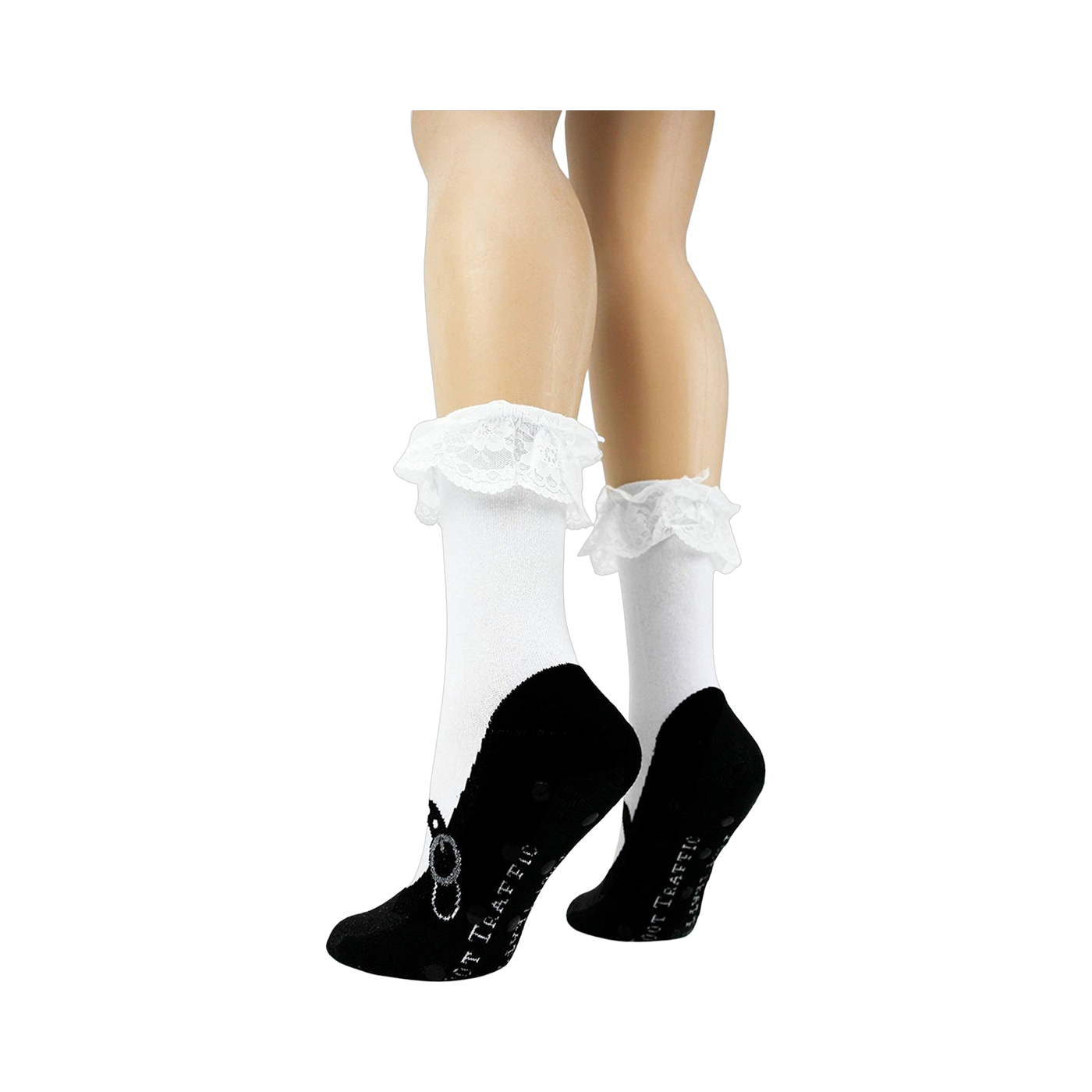 Close-up view of the socks on a model's legs, showcasing the lace detail and slipper print.