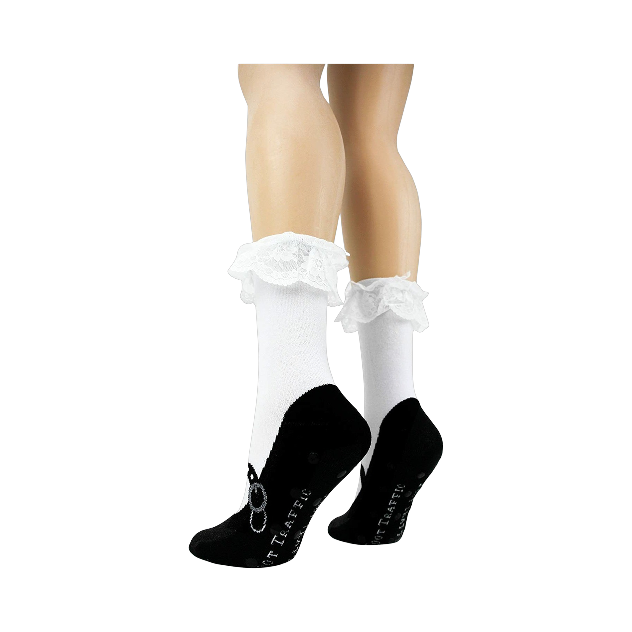 Close-up view of the socks on a model's legs, showcasing the lace detail and slipper print.