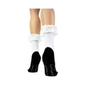 Another lifestyle shot of the socks on a model's legs with black Mary Jane shoes.