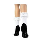 Another lifestyle shot of the socks on a model's legs with black Mary Jane shoes.