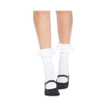 Pair of white ankle socks with a white lace ruffle and black Mary Jane-printed non-skid bottoms.