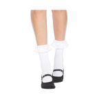 Pair of white ankle socks with a white lace ruffle and black Mary Jane-printed non-skid bottoms.