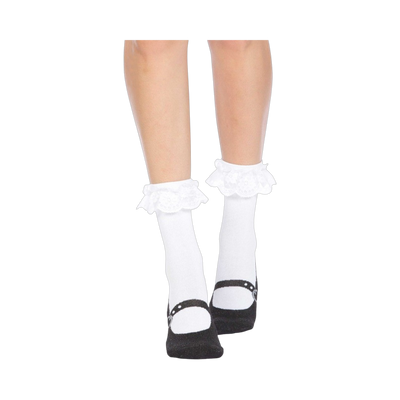 Pair of white ankle socks with a white lace ruffle and black Mary Jane-printed non-skid bottoms.