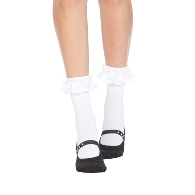 lace-trimmed crew socks with non-skid mary jane shoe design in black, perfect for women who love shoes.  