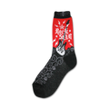 Crew socks in black and red. The red portion features a graphic of a flaming guitar with 'Rock Star' text. The black portion has a gray swirl and skull pattern.
