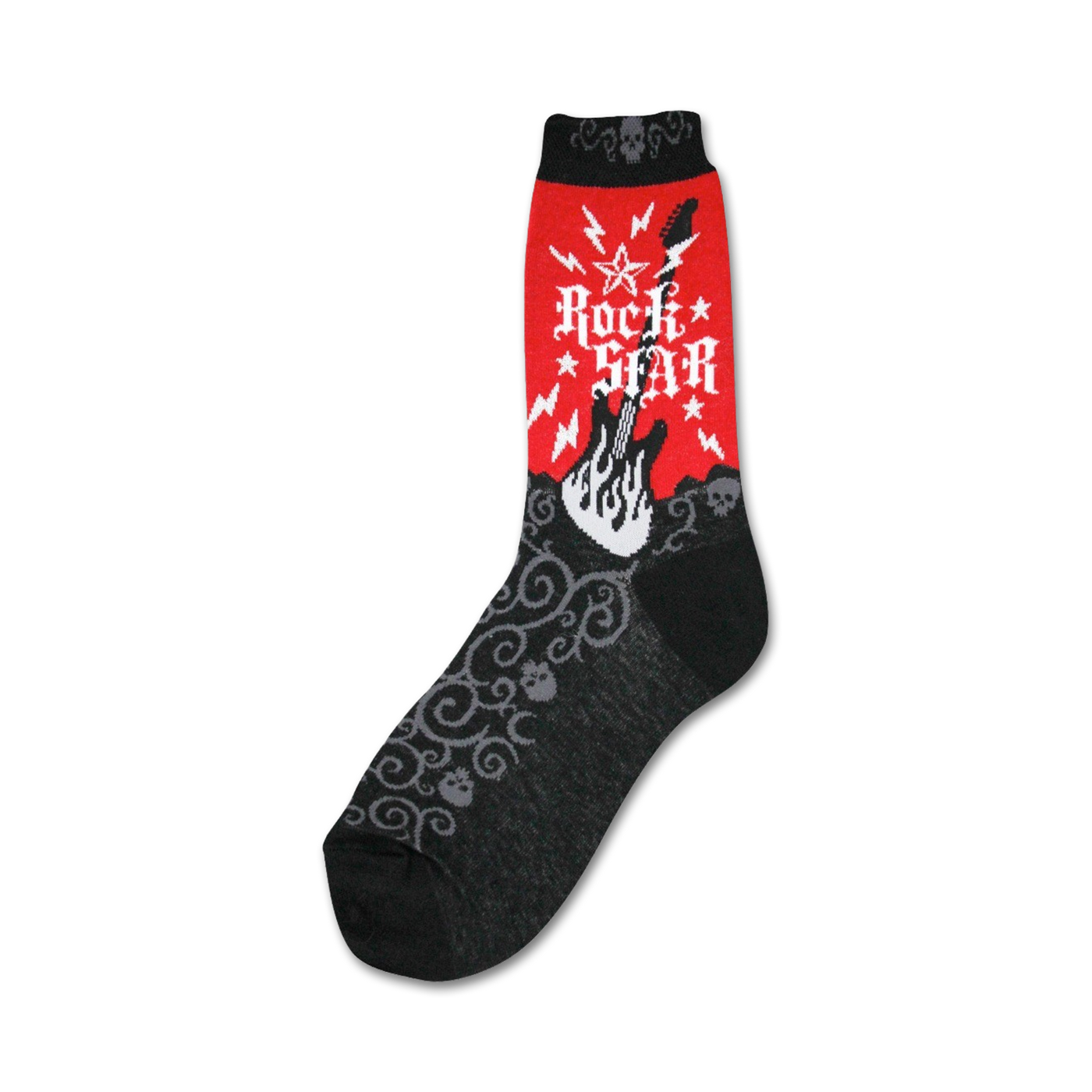 Crew socks in black and red. The red portion features a graphic of a flaming guitar with 'Rock Star' text. The black portion has a gray swirl and skull pattern.