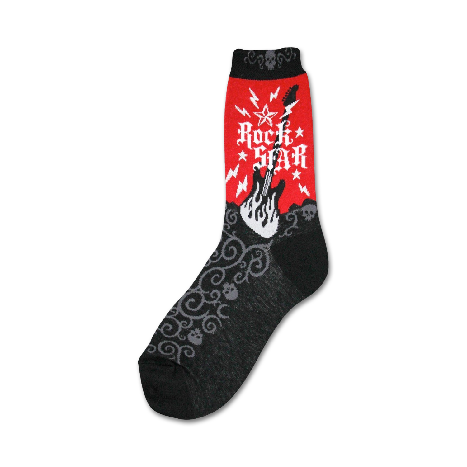 Crew socks in black and red. The red portion features a graphic of a flaming guitar with 'Rock Star' text. The black portion has a gray swirl and skull pattern.