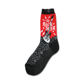 rockstar themed black and red womens knee high socks with white and yellow lightning bolts and flames with musical notes.  