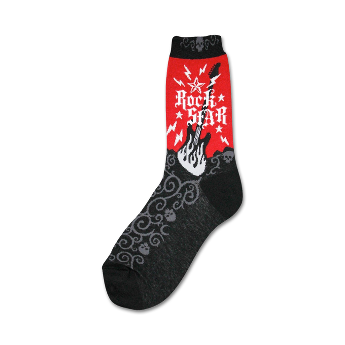 rockstar themed black and red womens knee high socks with white and yellow lightning bolts and flames with musical notes.   }}