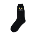 Black crew socks with a cute embroidered black cat face, yellow eyes, and pink nose. 