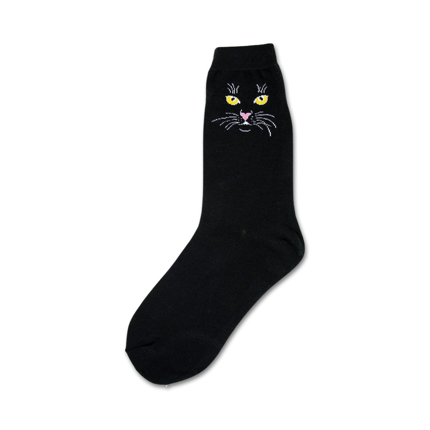 Black crew socks with a cute embroidered black cat face, yellow eyes, and pink nose. 