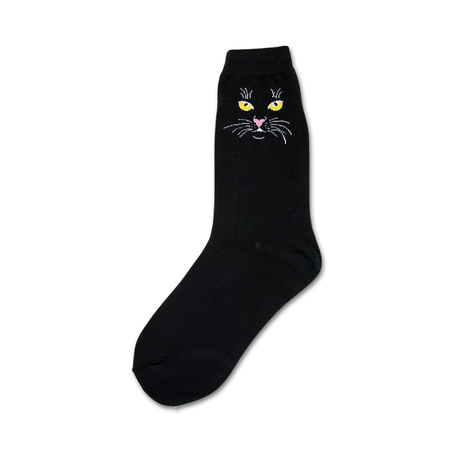 Black crew socks with a cute embroidered black cat face, yellow eyes, and pink nose. 