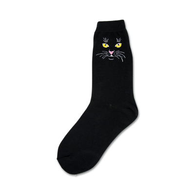 black cat women's crew socks: cute cat face pattern, black and white, comfortable and stylish   