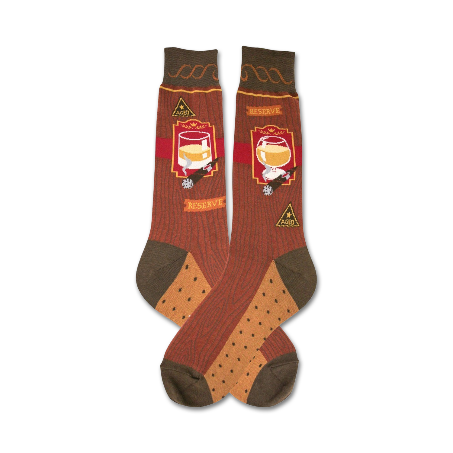 A pair of crew socks in brown and tan with a woodgrain pattern, a glass of bourbon, a cigar, and 'Aged' and 'Reserve' labels.