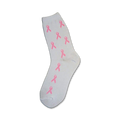 White crew socks adorned with multiple pink ribbon designs. A subtle yet impactful way to show support.