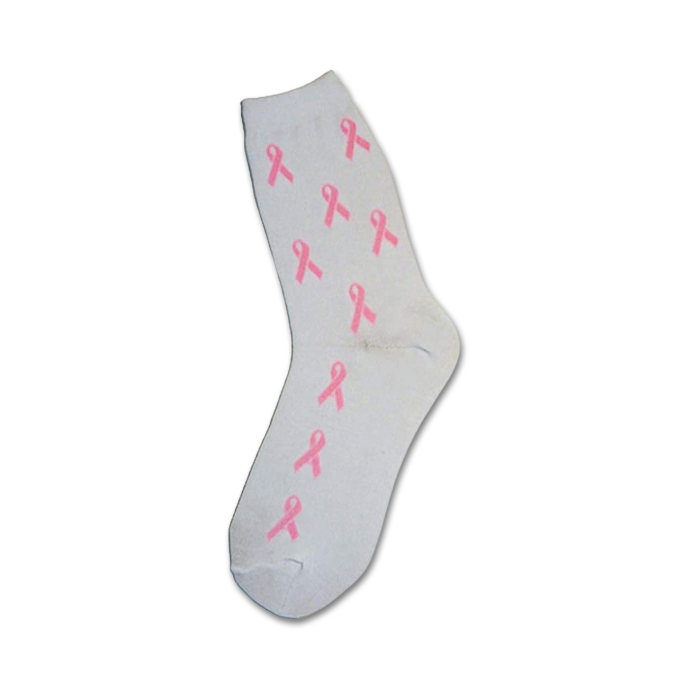 White crew socks adorned with multiple pink ribbon designs. A subtle yet impactful way to show support.
