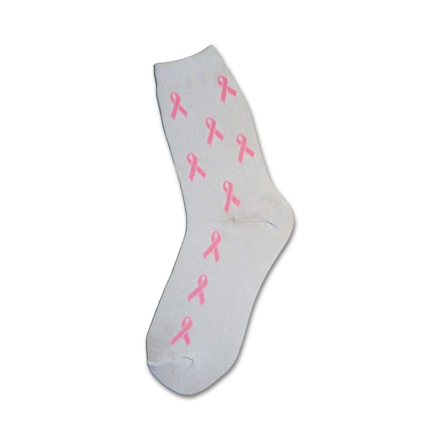 White crew socks adorned with multiple pink ribbon designs. A subtle yet impactful way to show support.