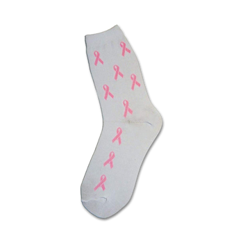 white crew socks with pink ribbon pattern, designed for women.  