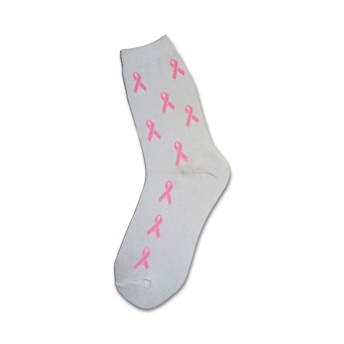 white crew socks with pink ribbon pattern, designed for women.   }}