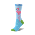 Crew socks in light blue featuring a pink flamingo standing in wavy blue water. The sock's cuff is light blue with white cloud details and a lime green heel and toe.