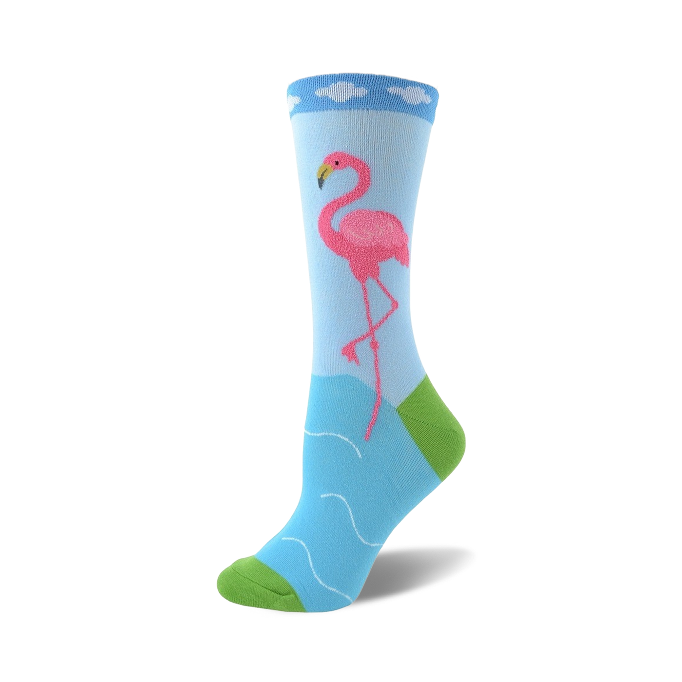 Crew socks in light blue featuring a pink flamingo standing in wavy blue water. The sock's cuff is light blue with white cloud details and a lime green heel and toe.