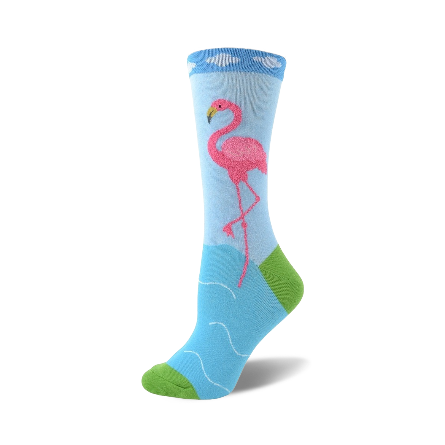 Crew socks in light blue featuring a pink flamingo standing in wavy blue water. The sock's cuff is light blue with white cloud details and a lime green heel and toe.
