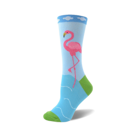 pink and blue womens' crew socks featuring a flamingo standing in a pond, surrounded by clouds.  