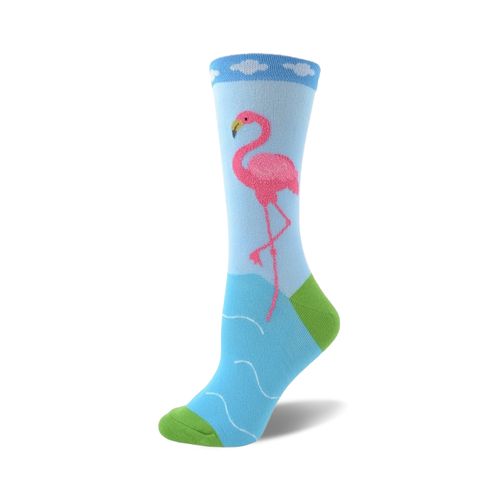 pink and blue womens' crew socks featuring a flamingo standing in a pond, surrounded by clouds.   }}