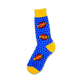 Crew socks in blue with yellow cuffs.  Comic book style 'POW!', 'BAM!', and 'WAM!' speech bubbles are featured on a blue polka dot background.