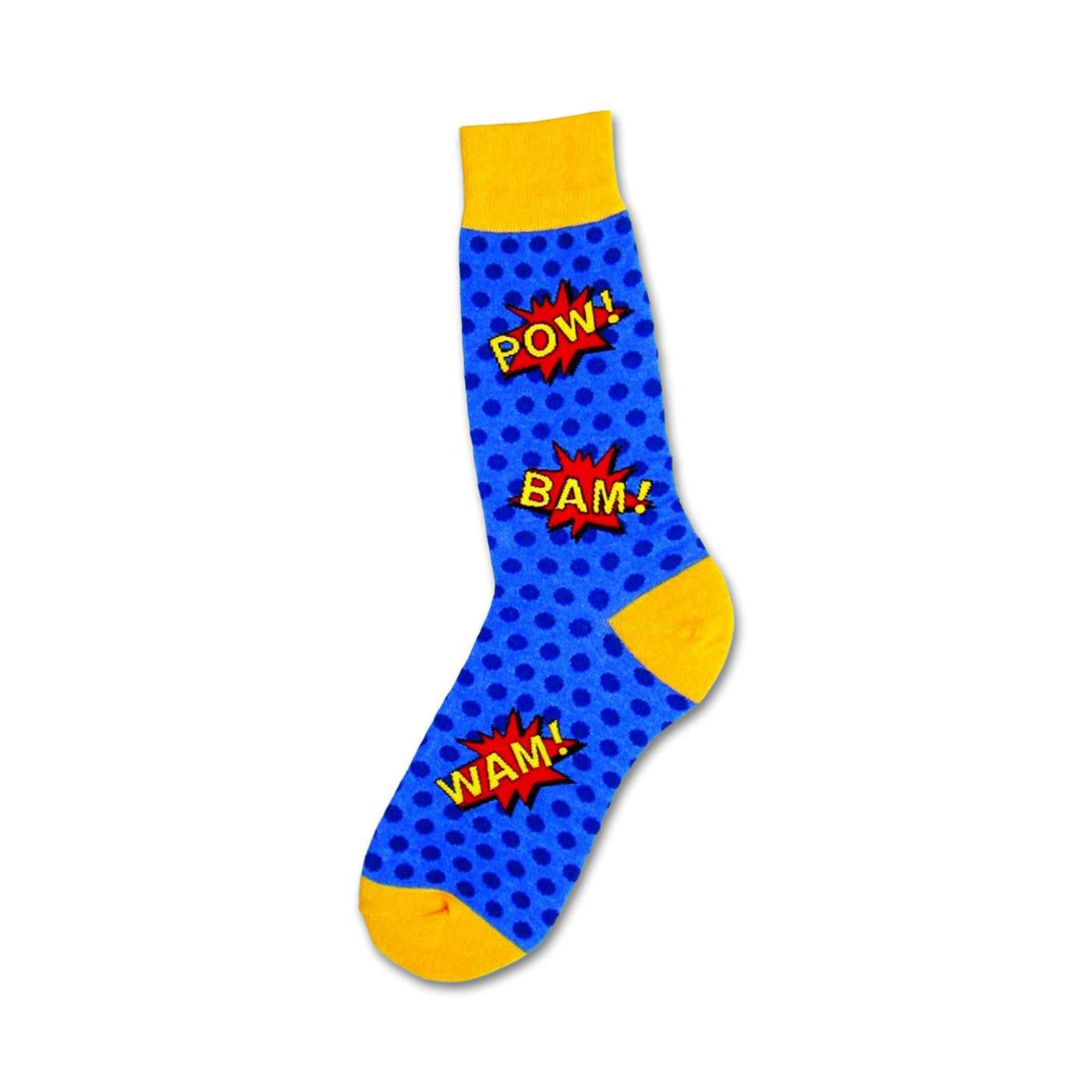 Crew socks in blue with yellow cuffs.  Comic book style 'POW!', 'BAM!', and 'WAM!' speech bubbles are featured on a blue polka dot background.