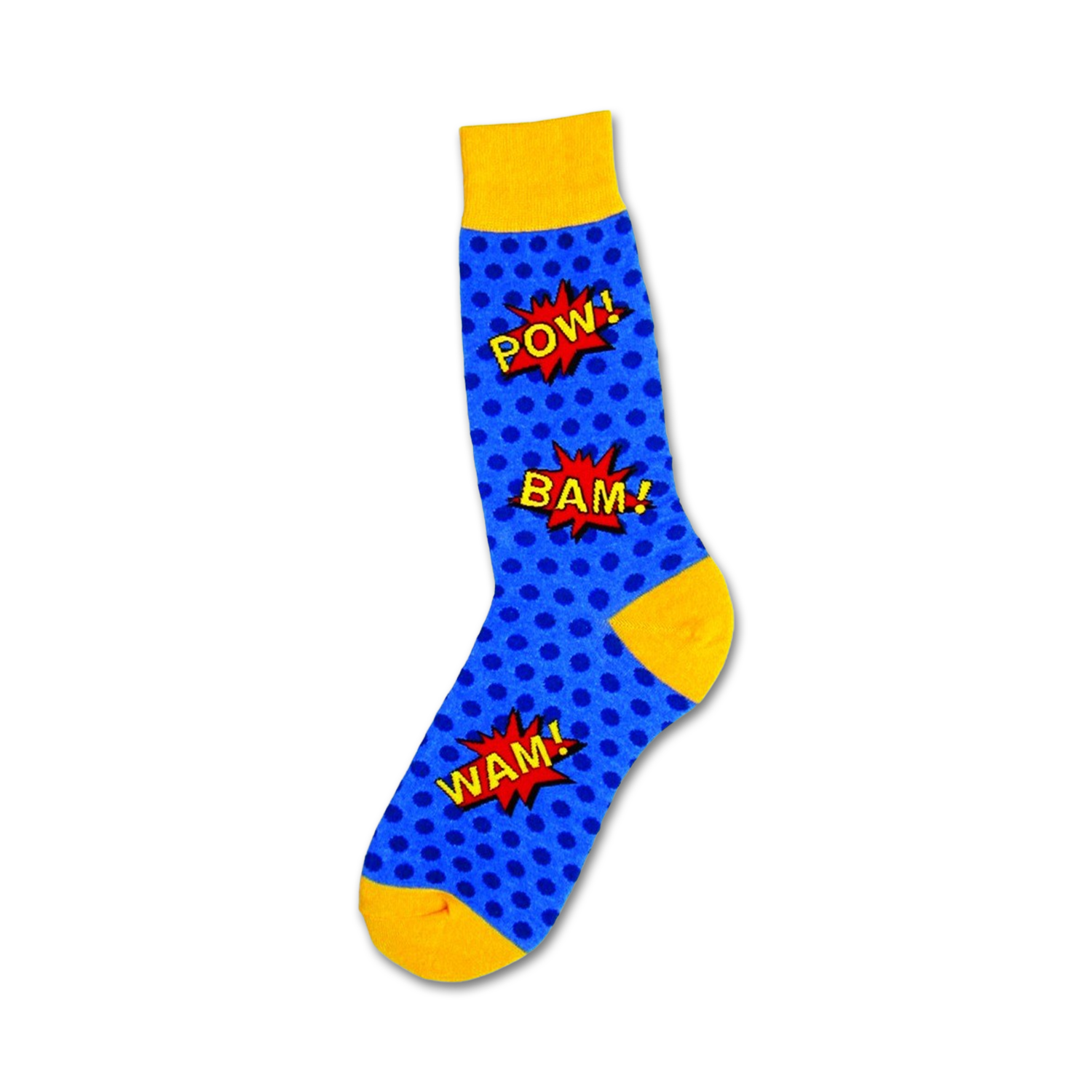 Crew socks in blue with yellow cuffs.  Comic book style 'POW!', 'BAM!', and 'WAM!' speech bubbles are featured on a blue polka dot background.