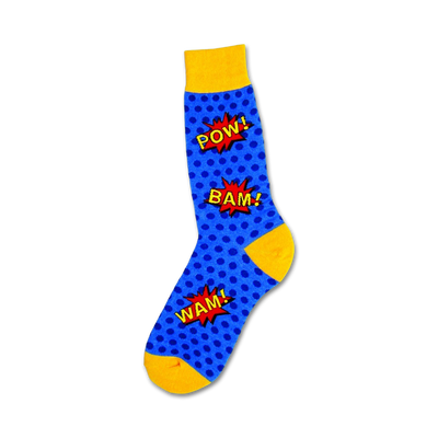   blue socks with yellow polka dots and "pow!", "bam!", "wam!" speech bubbles.  