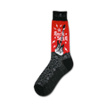 Crew socks with a red section featuring a white 'Rock Star' text and a black electric guitar engulfed in flames. The black section of the sock has a gray swirling pattern with small skull details.