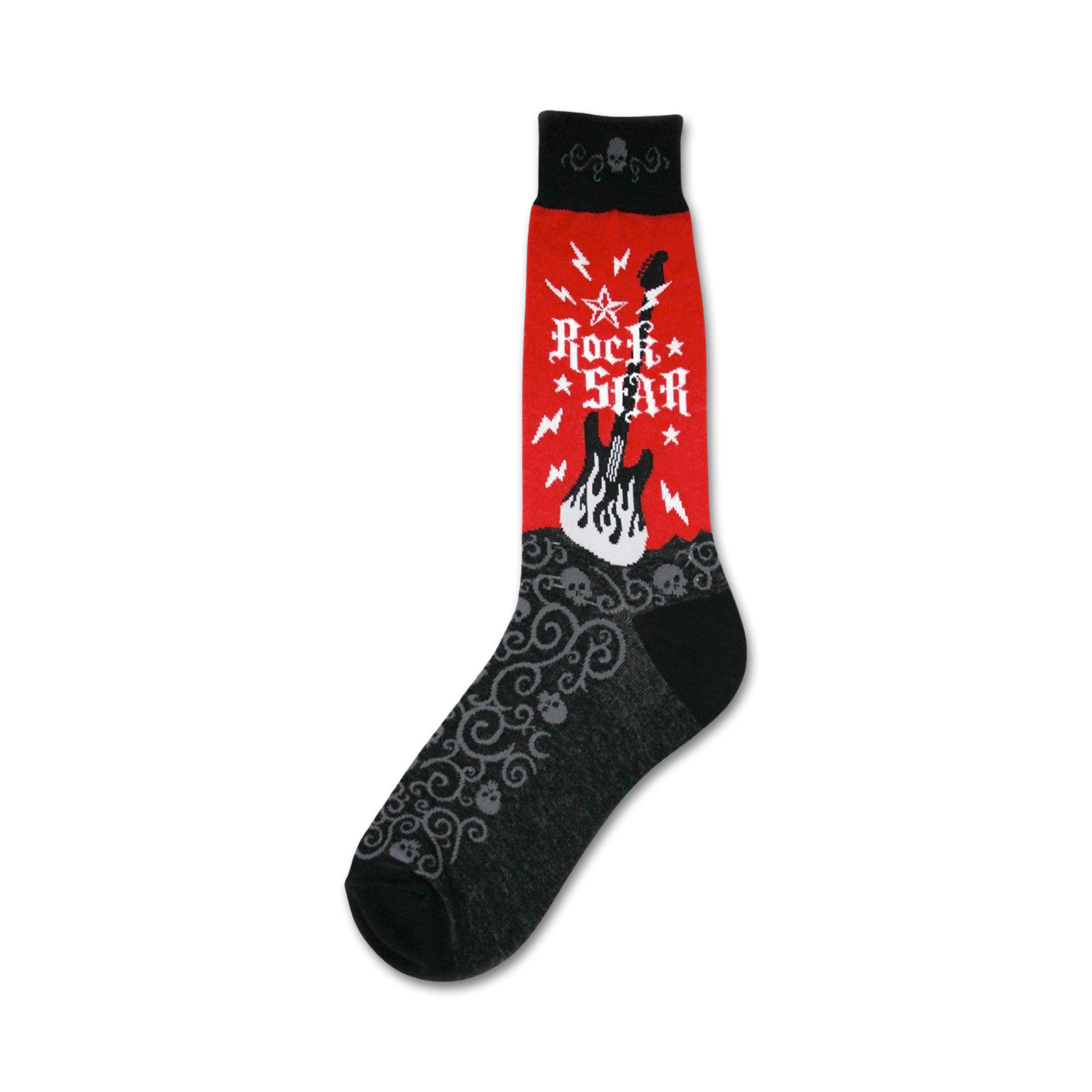Crew socks with a red section featuring a white 'Rock Star' text and a black electric guitar engulfed in flames. The black section of the sock has a gray swirling pattern with small skull details.