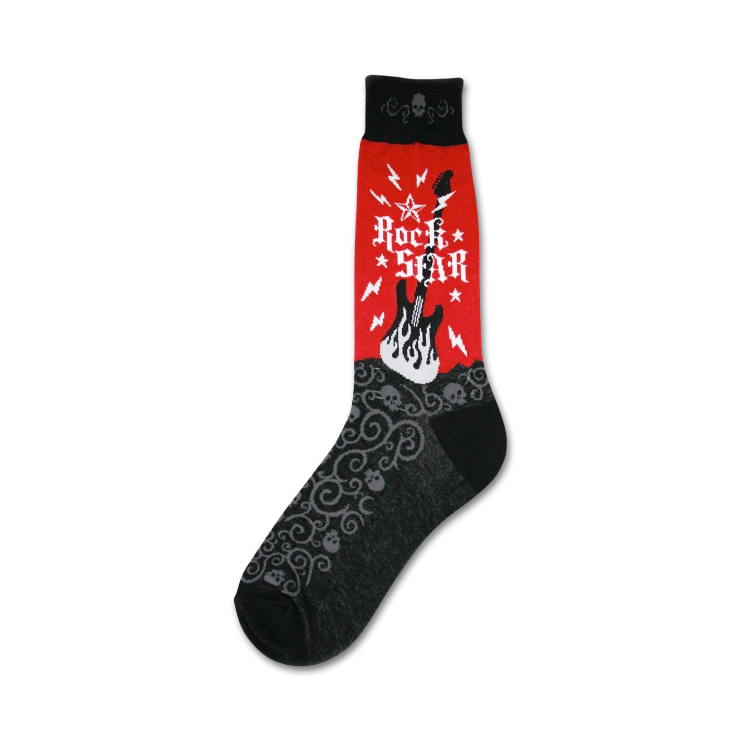 Crew socks with a red section featuring a white 'Rock Star' text and a black electric guitar engulfed in flames. The black section of the sock has a gray swirling pattern with small skull details.