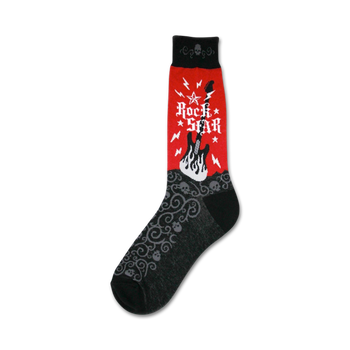black crew socks with gray accents and red and white "rockstar" graphic, white and red skulls and gray flames.    