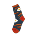 Crew socks in navy blue, orange, and white. The design includes illustrations of bacon strips and fried eggs with the word 'yum'.