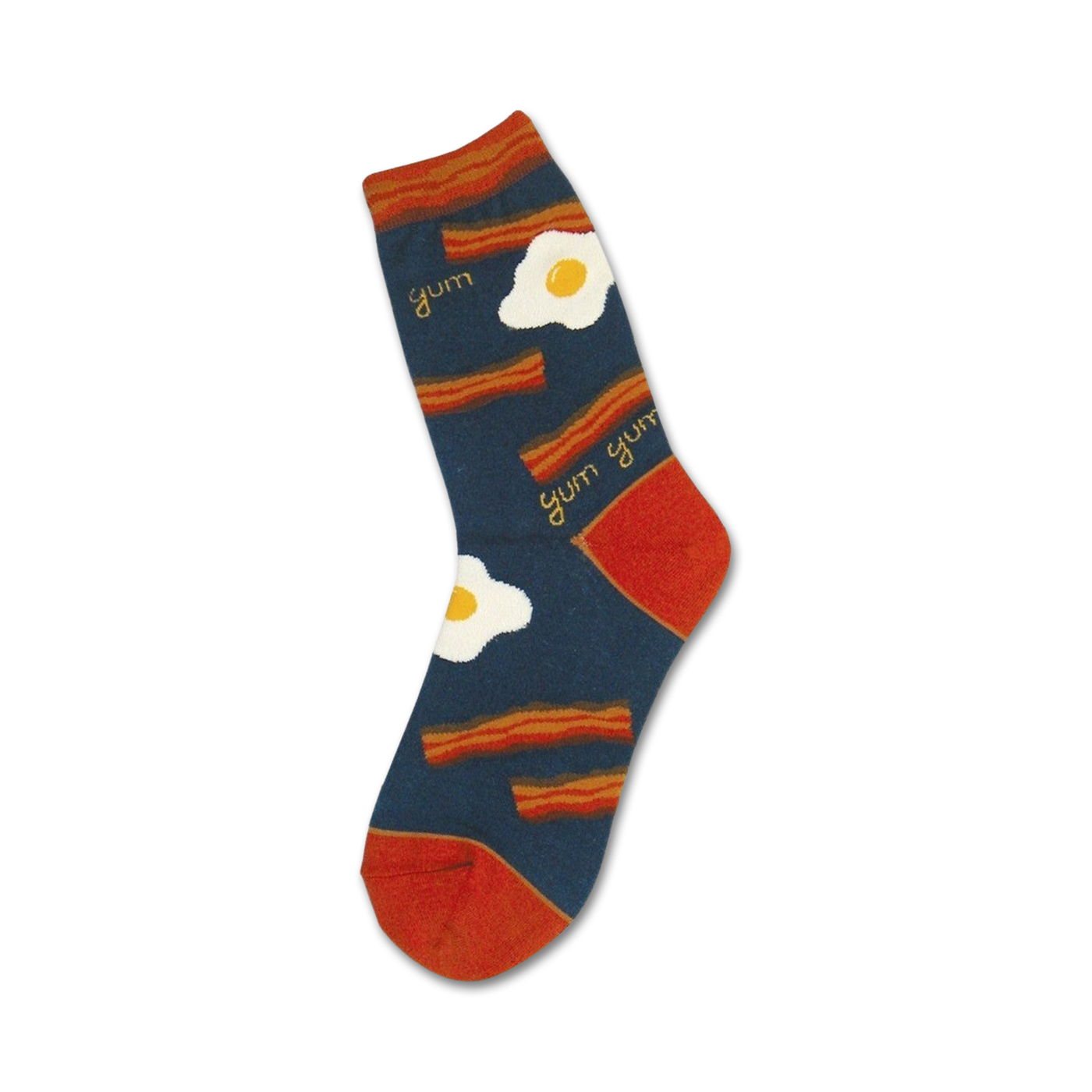 Crew socks in navy blue, orange, and white. The design includes illustrations of bacon strips and fried eggs with the word 'yum'.