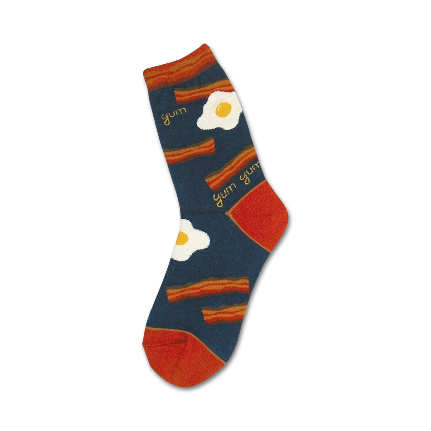 Crew socks in navy blue, orange, and white. The design includes illustrations of bacon strips and fried eggs with the word 'yum'.