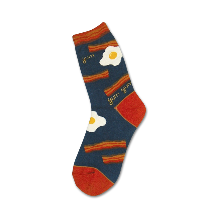 mens novelty crew socks with bacon and fried egg pattern in brown, red, yellow, and white.    }}