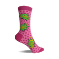 Pink crew socks with green comic-style speech bubbles that say OMG, TMI, and LOL.  Polka dot background.