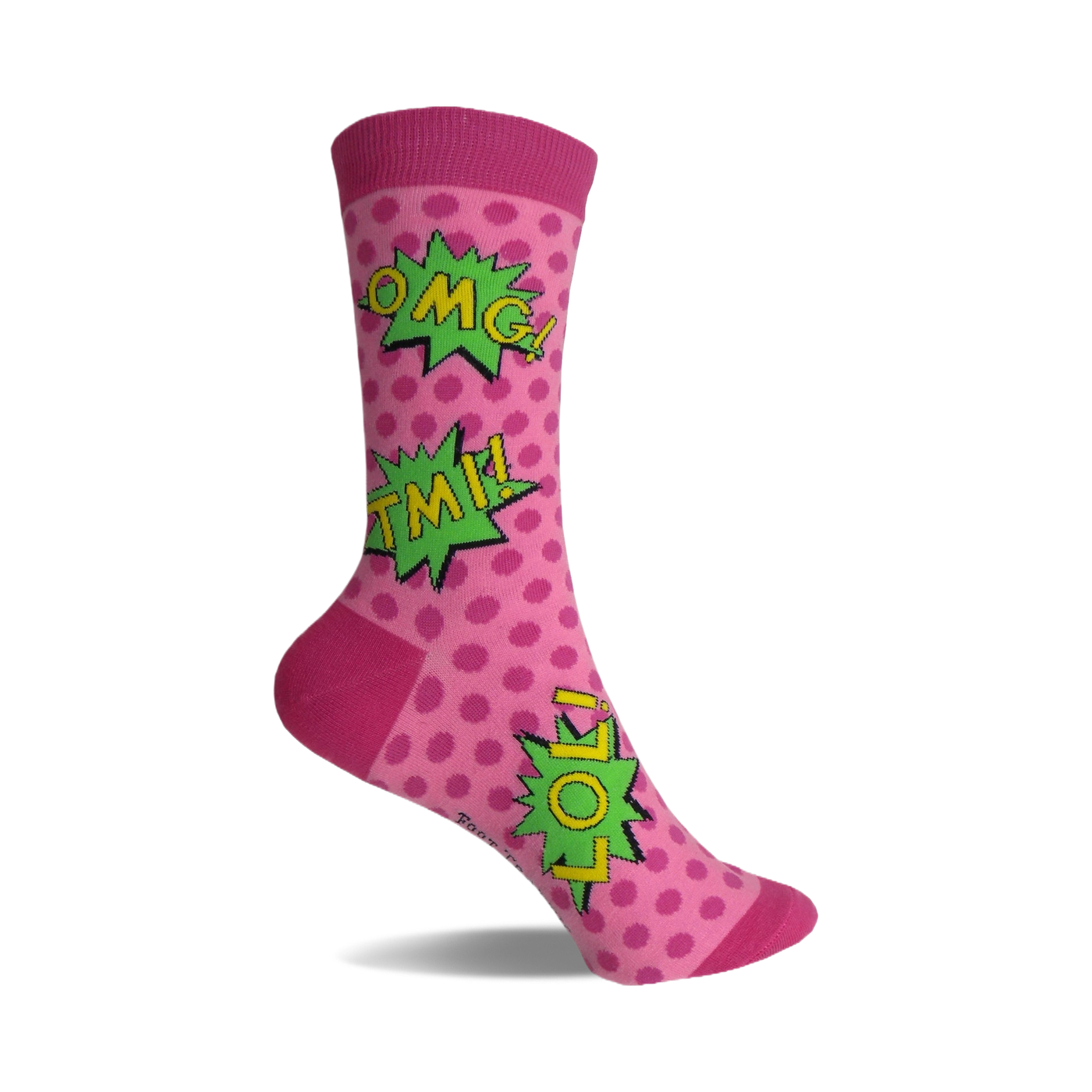 Pink crew socks with green comic-style speech bubbles that say OMG, TMI, and LOL.  Polka dot background.