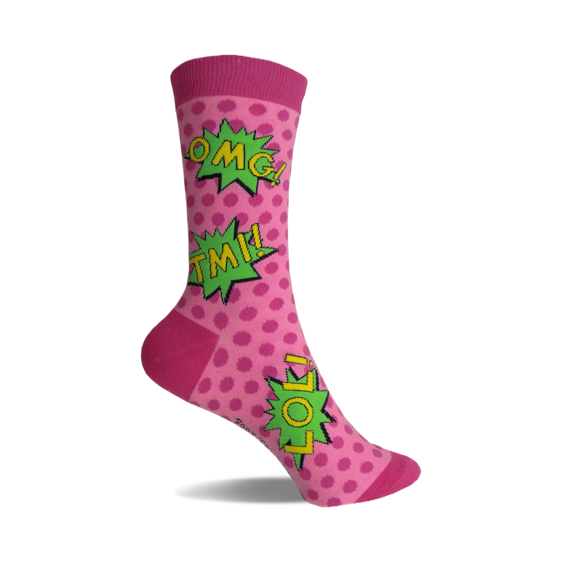 Pink crew socks with green comic-style speech bubbles that say OMG, TMI, and LOL.  Polka dot background.
