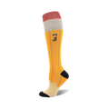 A pair of yellow, gray, and coral knee-high socks designed like pencils.  The socks feature a No. 2 marking and a realistic pencil graphic.