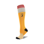 A pair of yellow, gray, and coral knee-high socks designed like pencils.  The socks feature a No. 2 marking and a realistic pencil graphic.