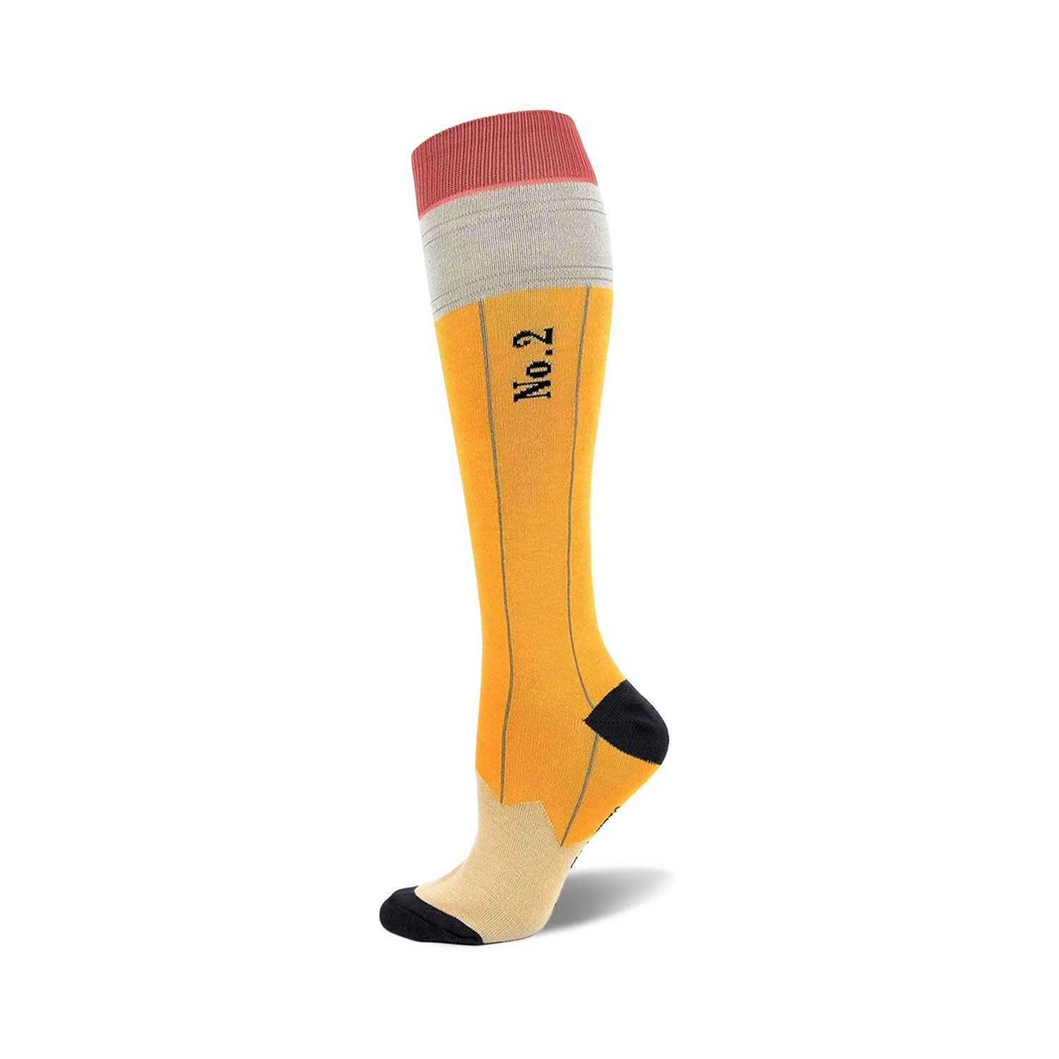 A pair of yellow, gray, and coral knee-high socks designed like pencils.  The socks feature a No. 2 marking and a realistic pencil graphic.