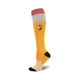 yellow knee-high socks with pencil tip and pink eraser top intended for women; made to resemble a number 2 pencil.  
