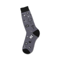 Gray crew socks with black medical icons: stethoscope, pills, bandages, syringe, hospital symbol.  Fun and quirky design!