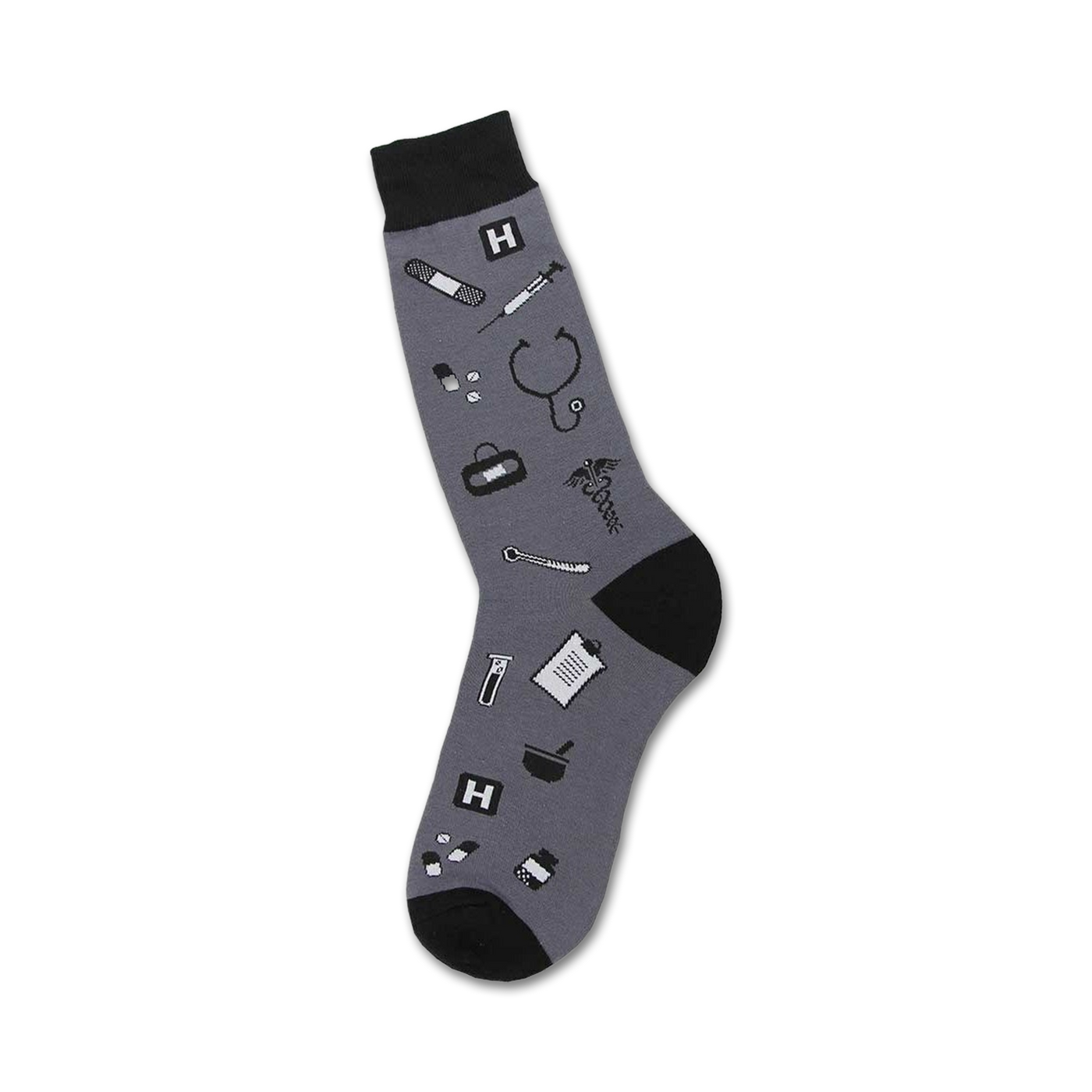 Gray crew socks with black medical icons: stethoscope, pills, bandages, syringe, hospital symbol.  Fun and quirky design!